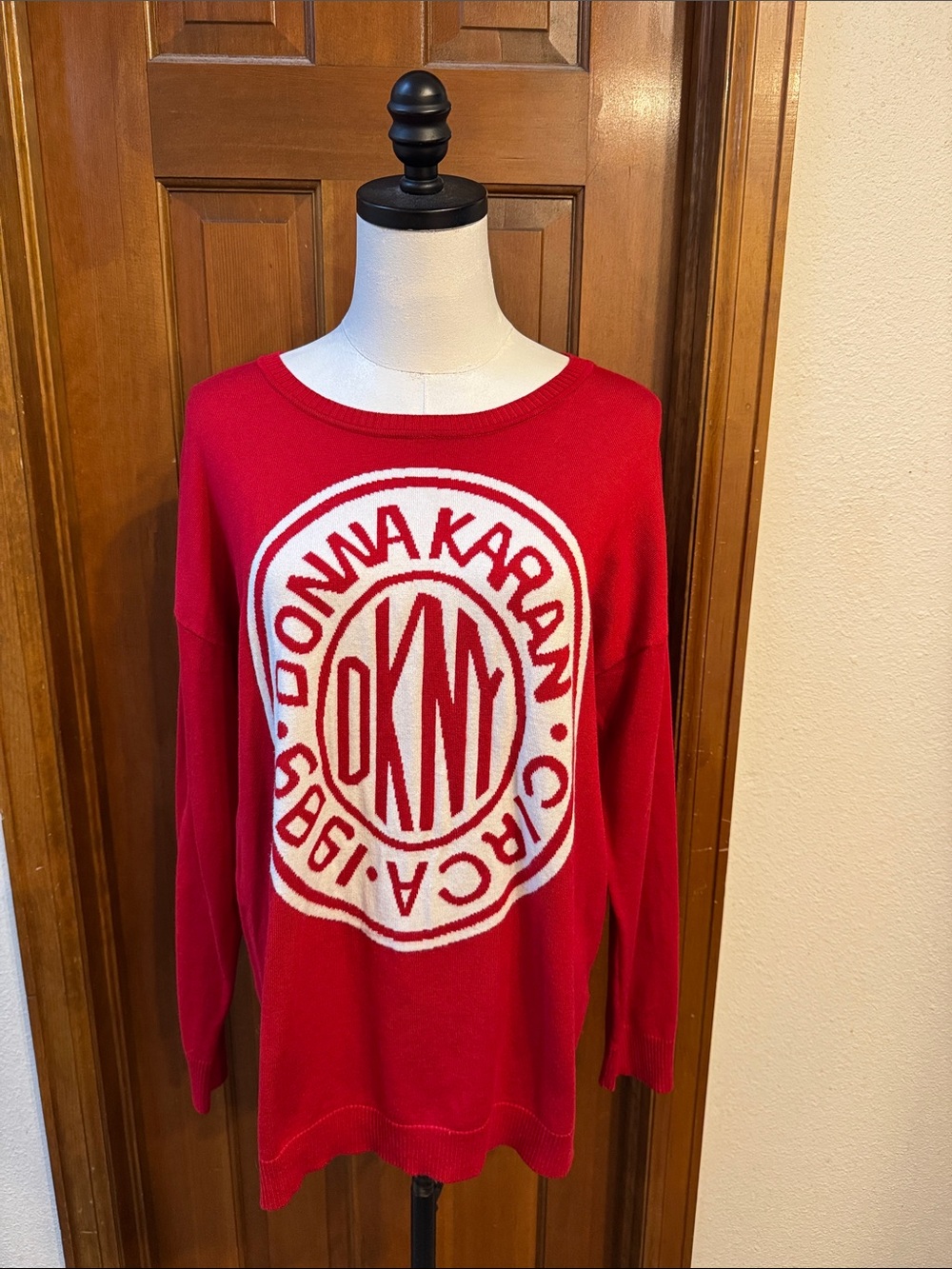 DKNY Red Crewneck Sweater with White Logo Seal Size L